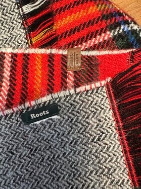 Roots Red Black Plaid Wool Throw Scarf